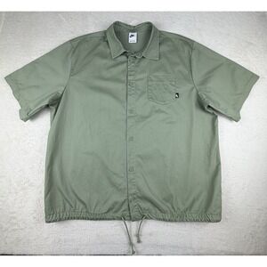 Nike Club Oxford Short Sleeve Button-Up Shirt Mens L Olive Green Drawstring Hem